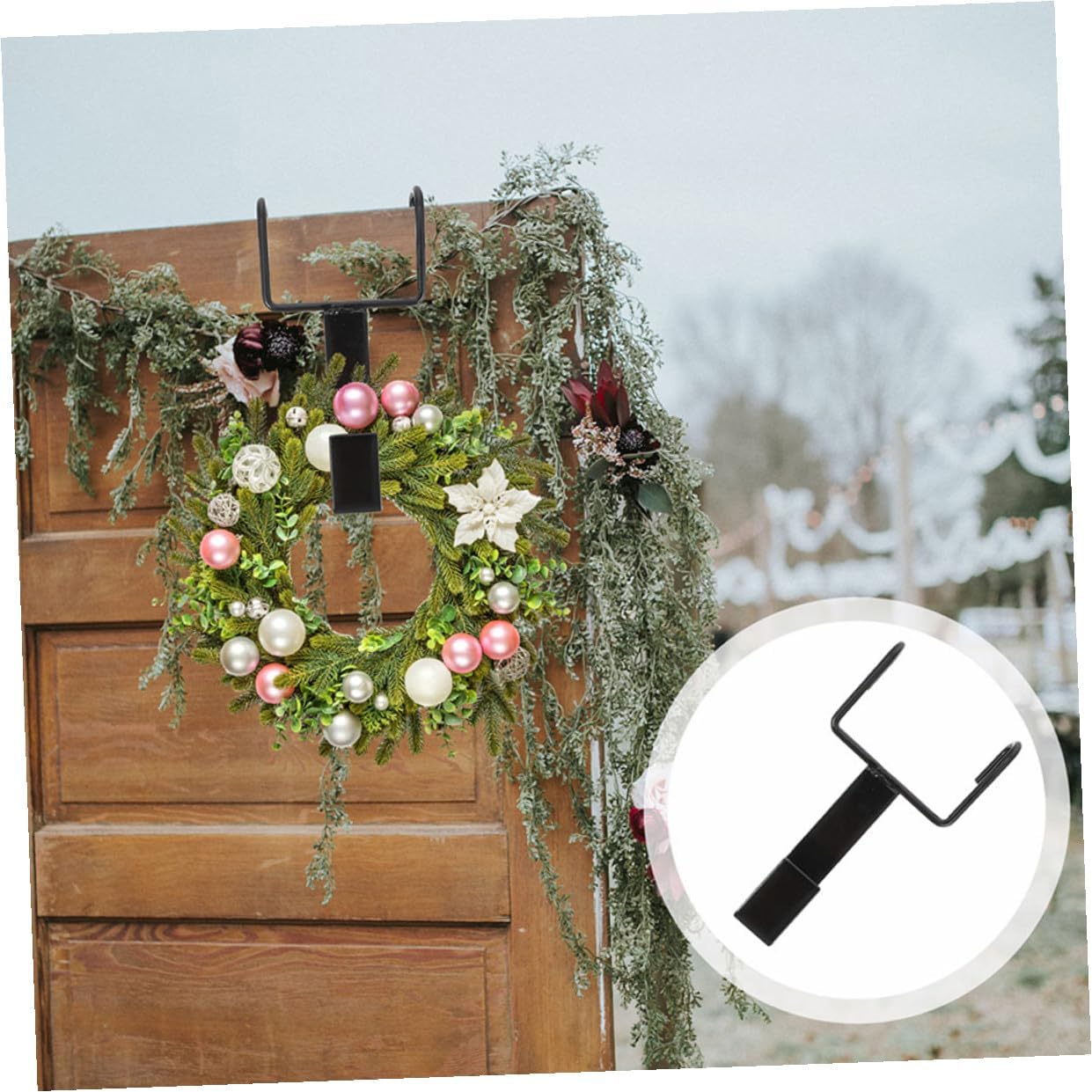4pcs Black Iron Wreath Hangers Over The Door Hooks for Front Door Garland and Christmas Wreaths, Sturdy Double Hook Design for Holiday Decorations