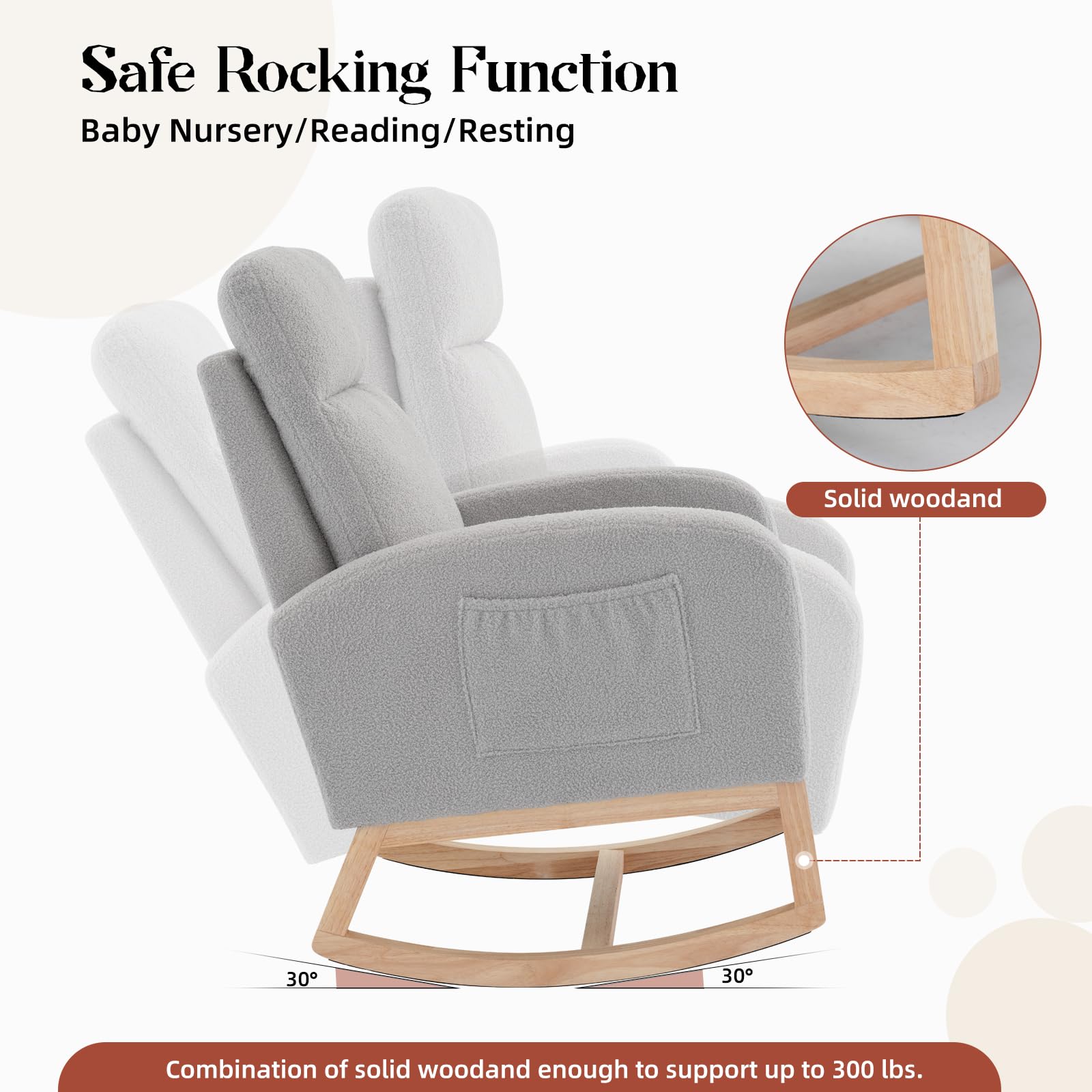 GarveeTech Fauteuil à Bascule Classique Plat avec Châssis Bois et Rembourrage Dossier Haut, Pieds Bois Naturel, Peluche Teddy, Gris Clair