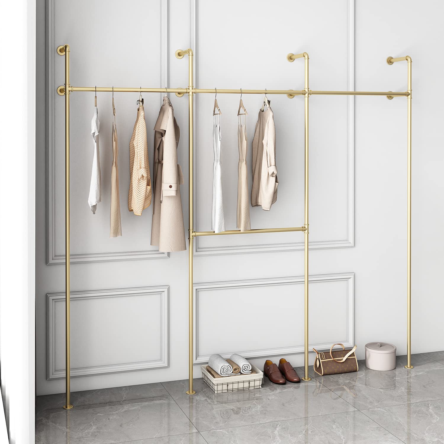 Industrial Pipe Clothing Rack,Moden Commercial Grade Pipe Clothes Racks,Wall Mounted Closet Storage Rack,Hanging Clothes Retail Display Rack,Heavy Duty Steampunk Garment Racks,Gold(Three,Staggered)