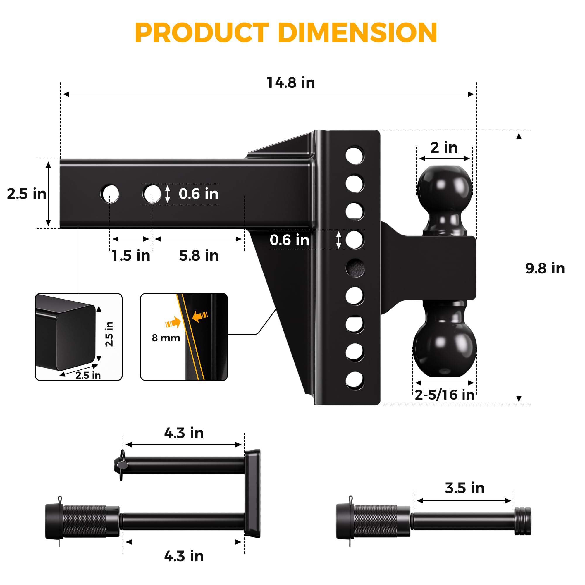 CAMMOO Adjustable Trailer Hitch, Tow Hitch Fits 2.5 inch Receiver, 6 inch Rise/Drop Hitch, 2" and 2-5/16" Ball Hitch, 22000 LBS GTW Truck Hitch with U-Shaped Alloy Steel Anti-Theft Pin, Black — view 11