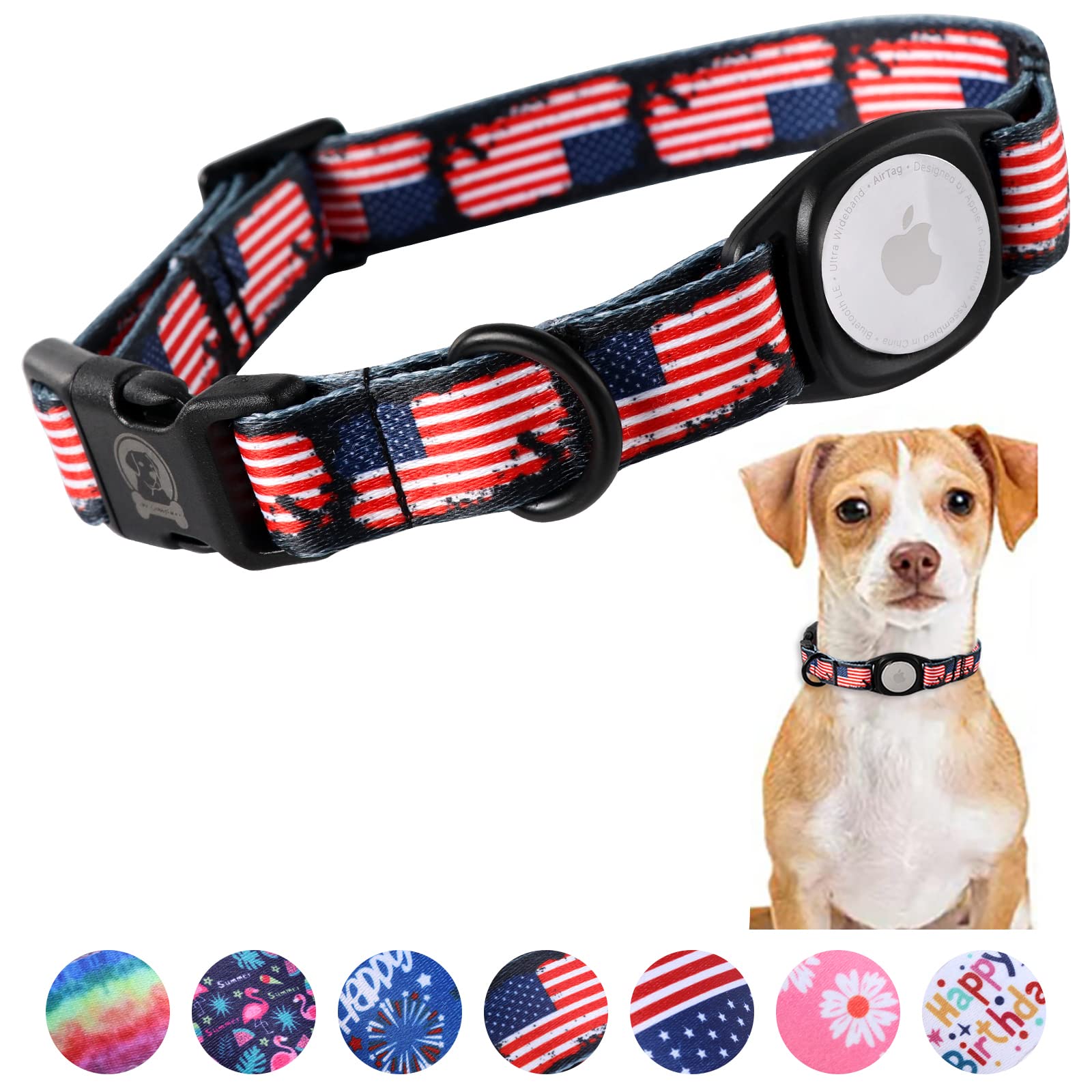 MR.CHUBBYFACE 4th of July Airtag Dog Collar Summer Dog Collars with Apple Airtag Holder for Small Medium Large Dogs