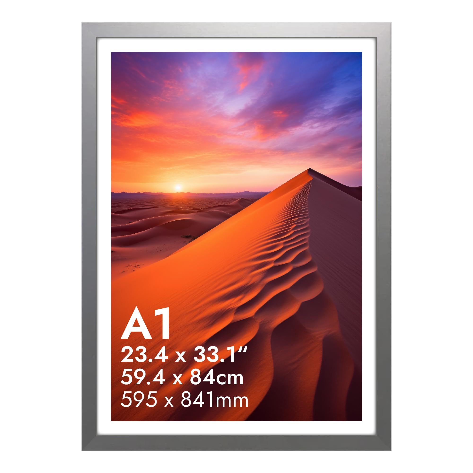HNK A1 Photo Frame Engineered Wood and Plexiglass, A1 Frame Silver (59.40x84cm) Dual Orientation Landscape & Portrait, A1 Picture Frames Wall Hanging Display Certificate, Photos, at Home, Office