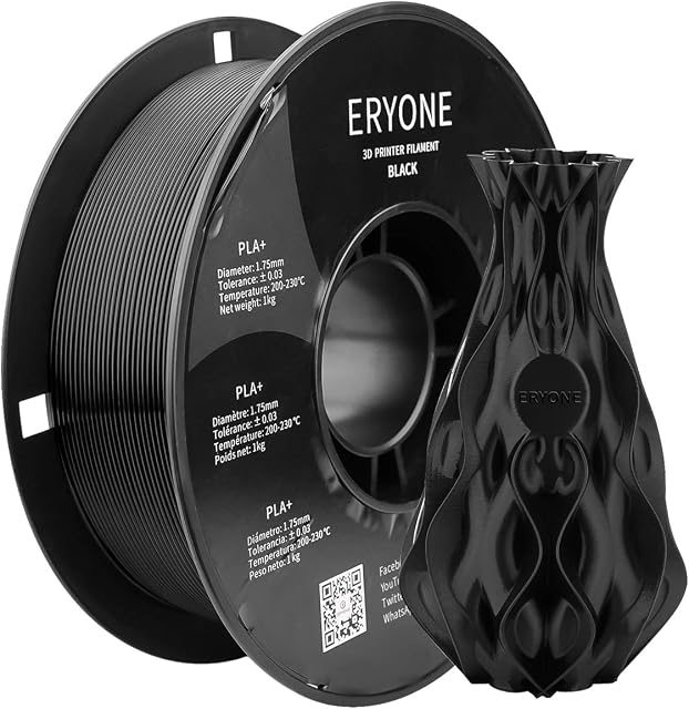 ERYONE Filament PLA+ 1.75 mm - PLA Plus 3D Printer Filament,PLA+ 3D Printing Filament,Dimensional Accuracy +/- 0.03 mm,1 kg (2.2 lbs) / Spool for 3D Pens,Black