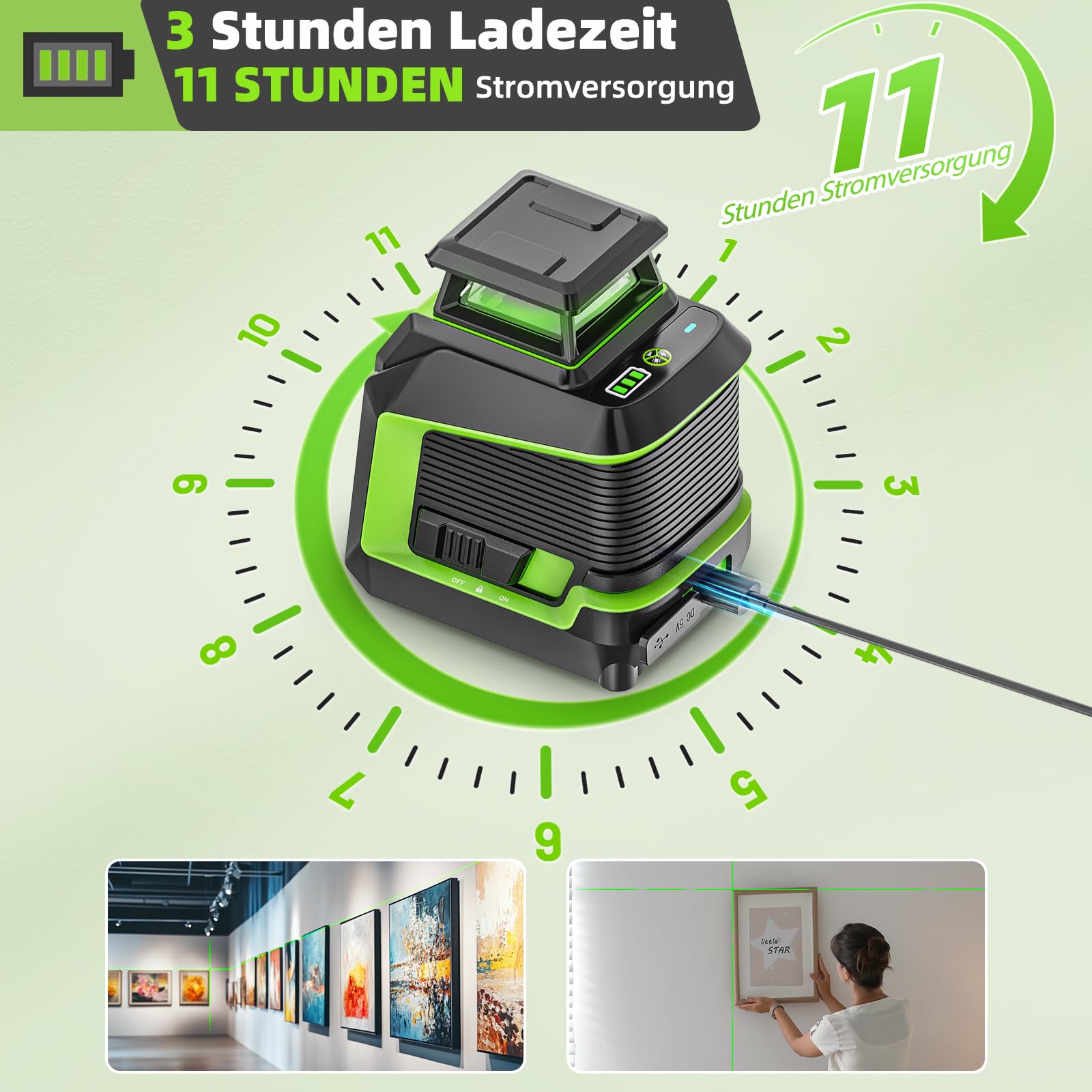 Huepar 360° Laser Wasserwaage mit 152 cm Stativ, Kreuzlinienlaser grün mit Pulsmodus, 3 Helligkeitsstufen, Selbstnivellierend, wiederaufladbarem Li-Ionen-Akku für Heimwerkerprojekte im Innenbereich