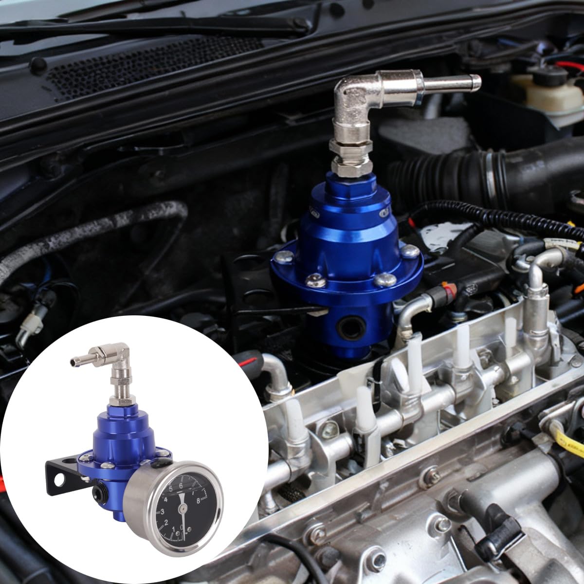Régulateur de pression de carburant réglable, universel, en aluminium, FPR, avec manomètre, pour voiture, bleu