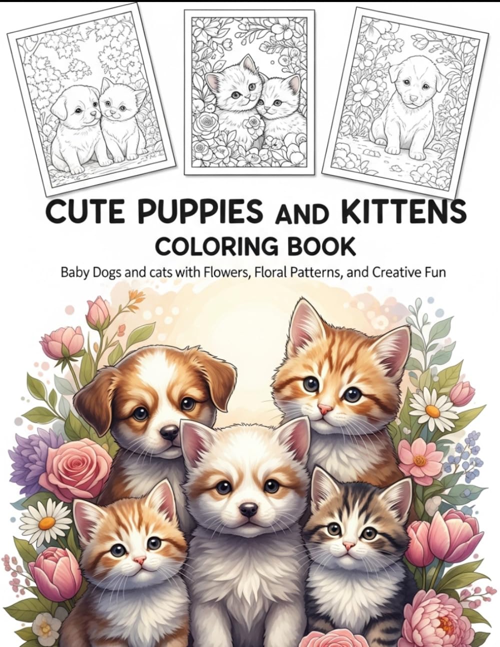 Cute Puppies and Kittens Coloring Book: Baby Dogs and Cats with Flowers, Floral Patterns, and Creative Fun