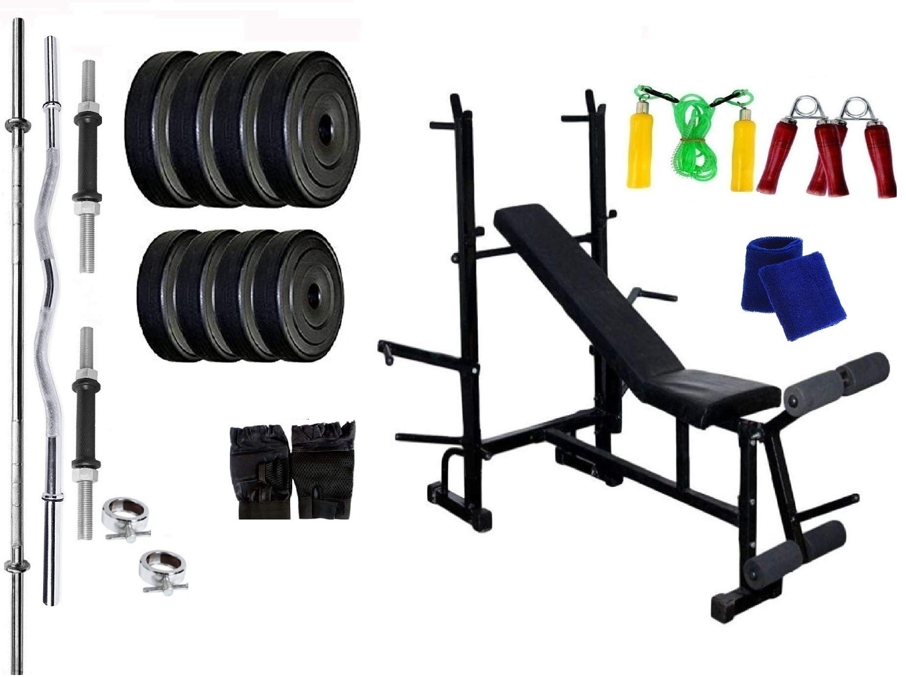 FACTO POWER Home Gym with 8 in 1 Excercise Bench, Weight Plate Combination : 32 Kg, Dumbell Rods, Straight Rod, Curl Rod, Rod Locks, Gym Gloves, Skipping Rope, Sweat Band & Hand Gripper