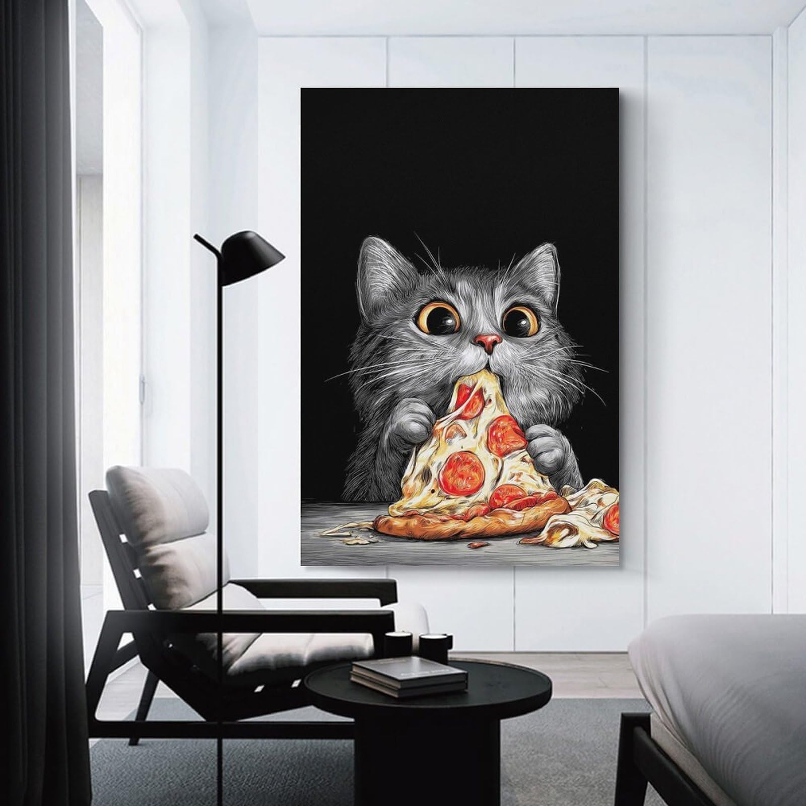 Junmoney Unframe-Style-1-1 Cat Eating Pizza Slice Illustration Room Decor Wall Art, 20X30inch(50X75cm), For Entrance Spaces, Stair Walls Or Halls, A Stylish Accent For Home Entrances