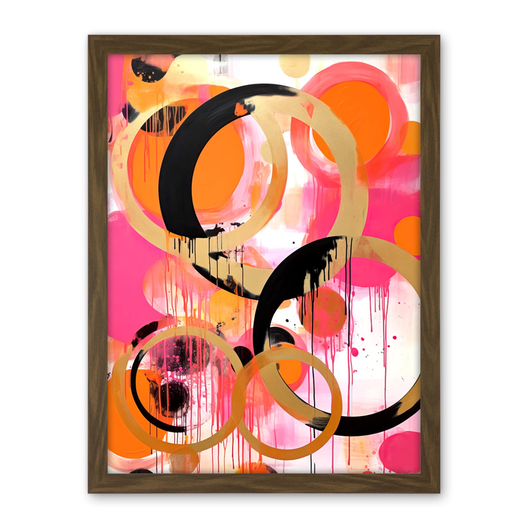 Artery8 Abstract Circles Oil Painting Bright Pink Orange Gold Black Geometric Drip Paint Artwork Framed Wall Art Print 18X24 Inch
