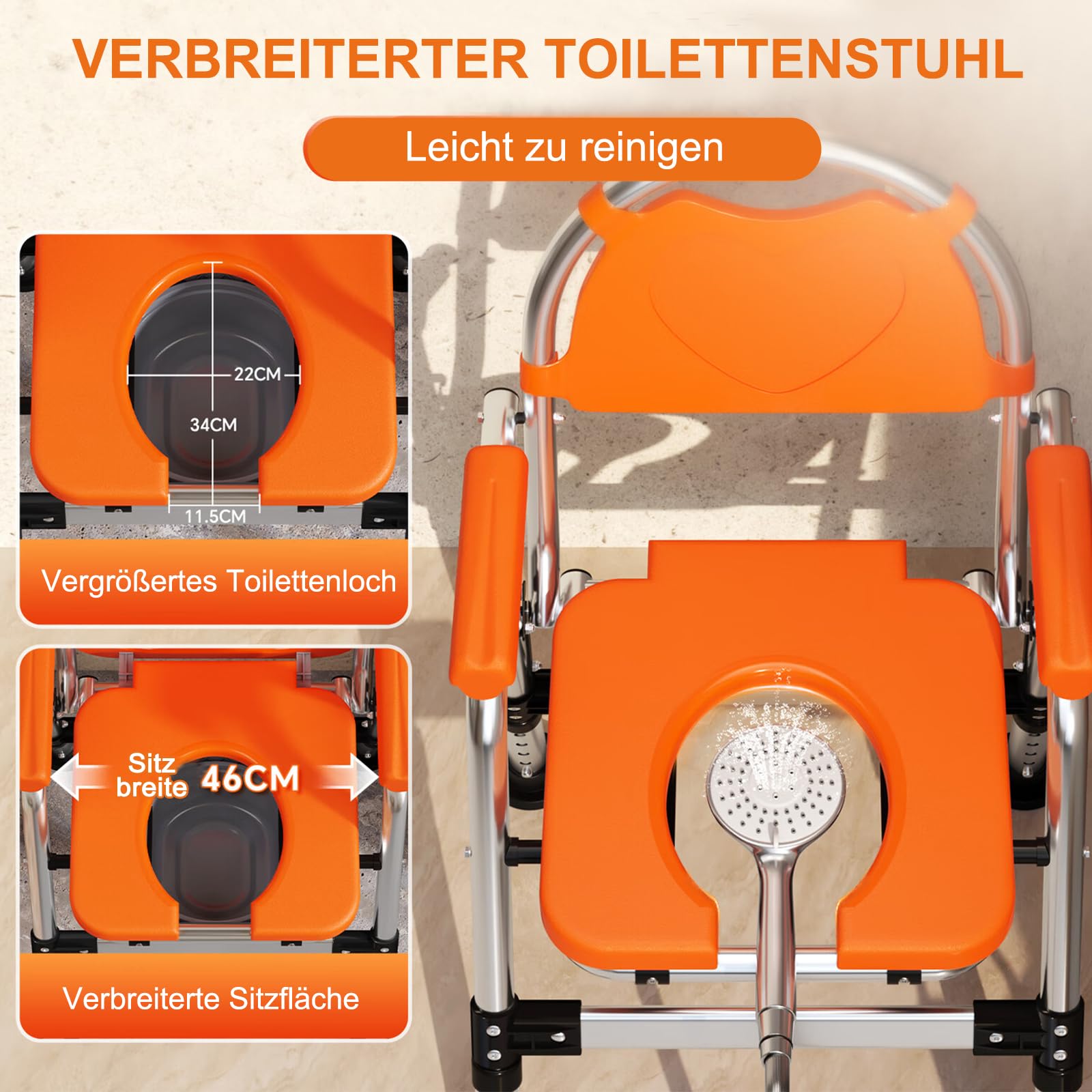 Toilettenstuhl Klappbar für Senioren höhenverstellbar mit Armlehne | Faltbares Design für platzsparende Aufbewahrung, Herausnehmbarer Eimer mit Deckel, stabile Konstruktion, leichte Reinigung