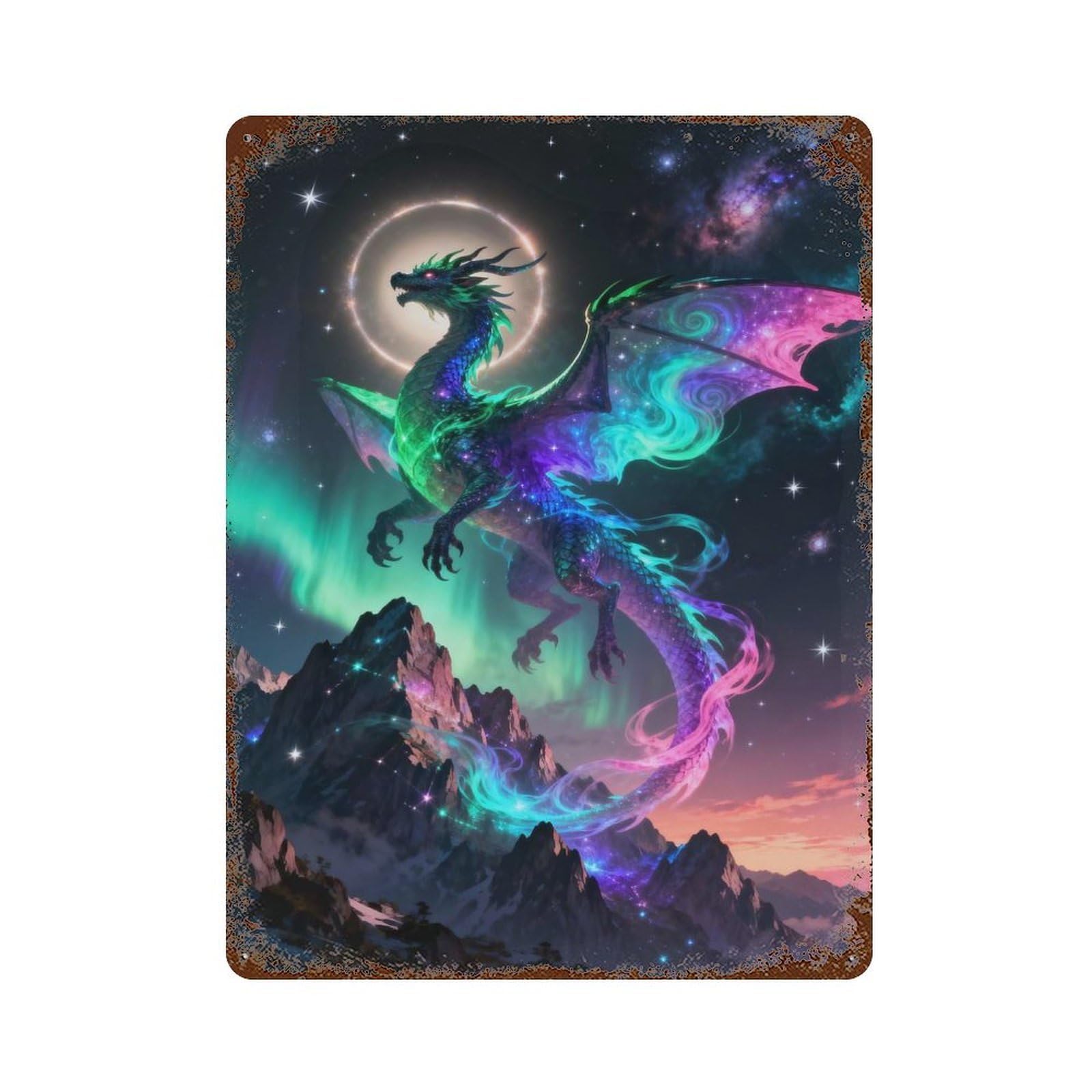 Celestial Dragon Over Mountains 15.7"x11.8" Rusty Metal Tin Sign, Farmhouse Wall Decor for Office, Studio And Wall Decor