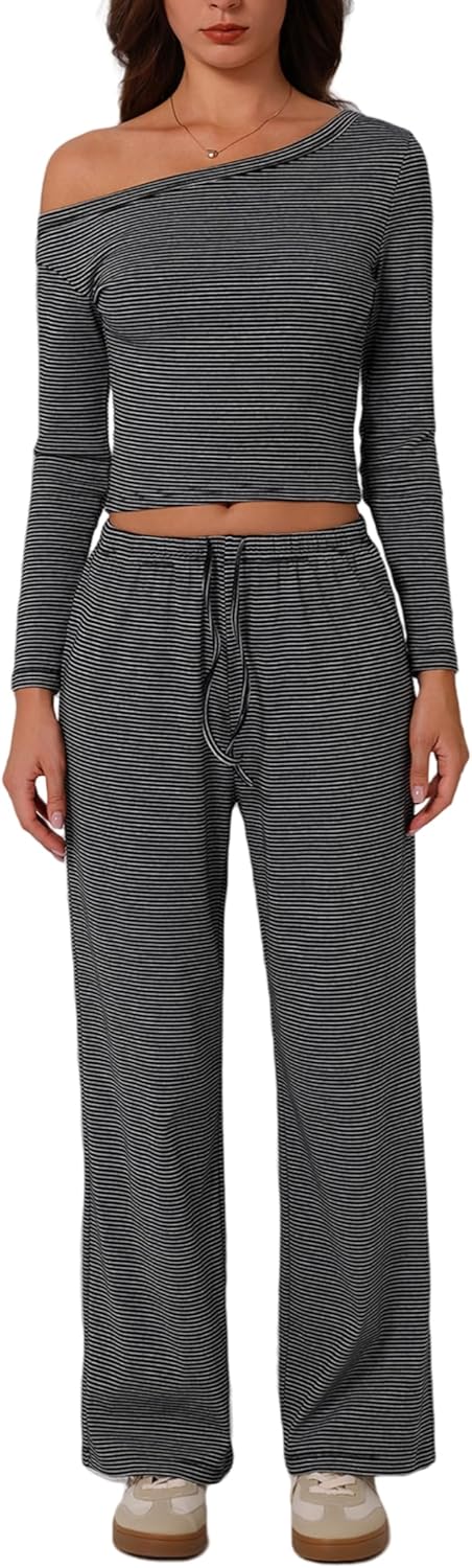 ABOCIW Women's 2 Piece Sets Fall Outfits Striped Off Shoulder Long Sleeve Top Wide Leg Pants Tracksuits Lounge Sets