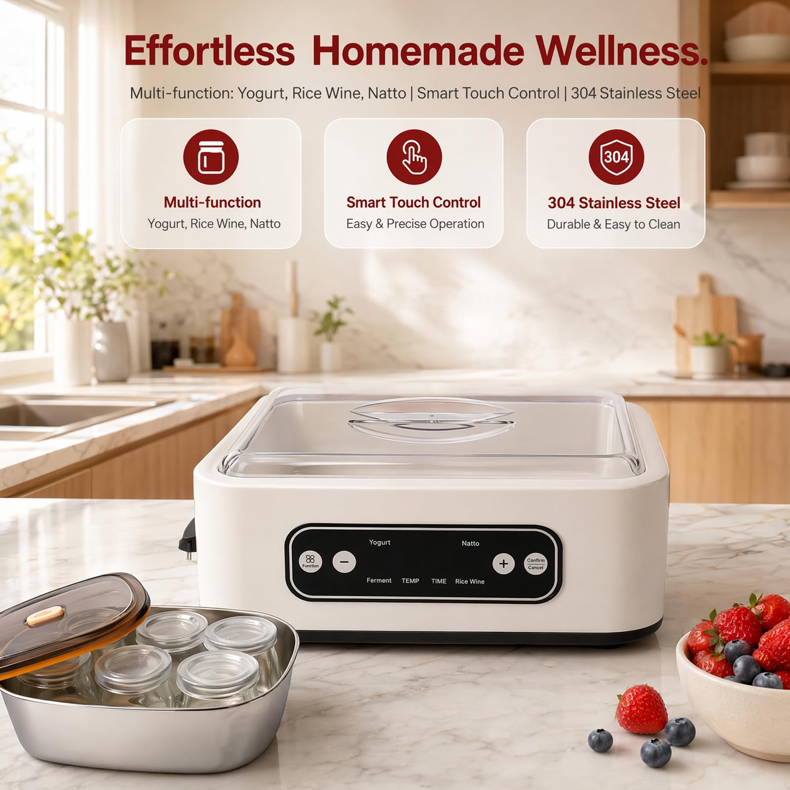Yaourtière, 1.6 L Machine À Yaourt Avec 6 Pots En Verre De 100ml, Yaourtière Électrique Avec Écran Lcd, Thermostat Réglable Et Minuterie, Yaourtière Automatique Pour Yaourt Maison, Fromage Ou Natto