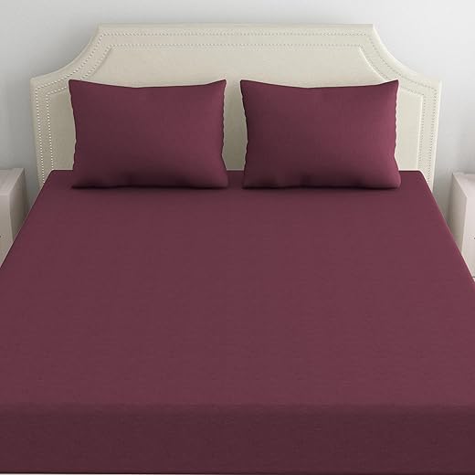 haus & kinder 150 TC Wrinkle And Iron Free 100% Cotton Jersey (Soft T-Shirt Fabric) - Bedsheet For Bed Elastic Fitted With 2 Pillow Cover - Fits Up To 8" Mattress- (78" X 60"), Solid, Wine Heather