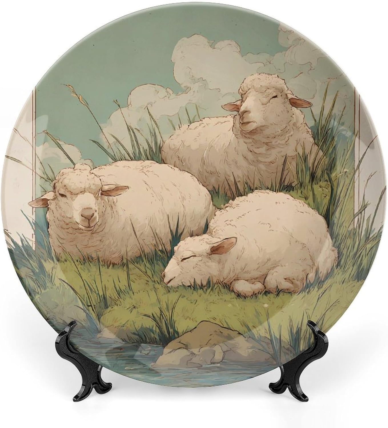 Sheep Laying On Grass Near Water Decorative Plates for Display Ceramic Plate Tray with Stand Hanger Home Decor
