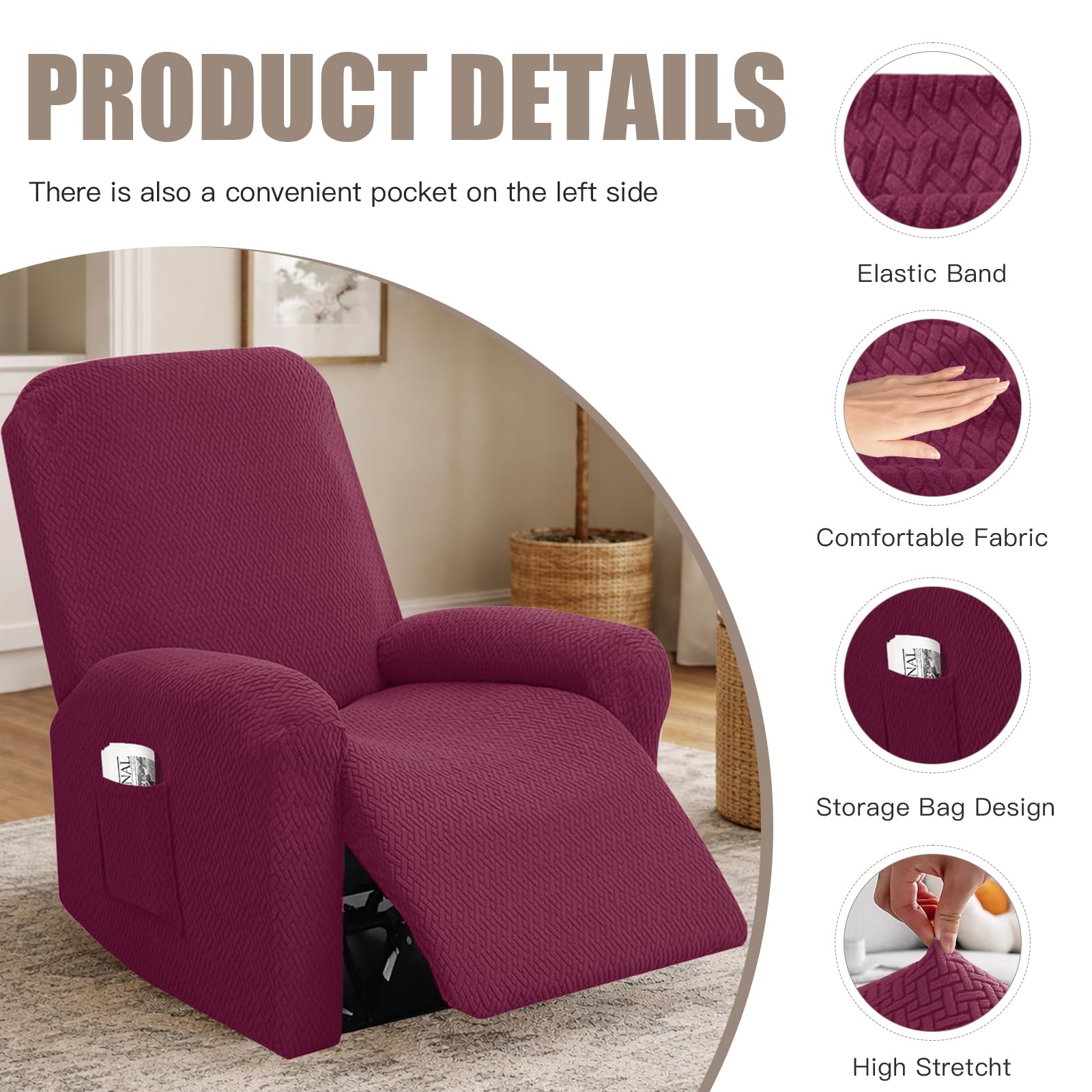 Set di 4 Copri Poltrona Relax Reclinabile, Copripoltrona 1 Posto Elasticizzato con Tasche e Braccioli,Utte le Inclusive Strisce Jacquard, Lavabile (Borgogna)