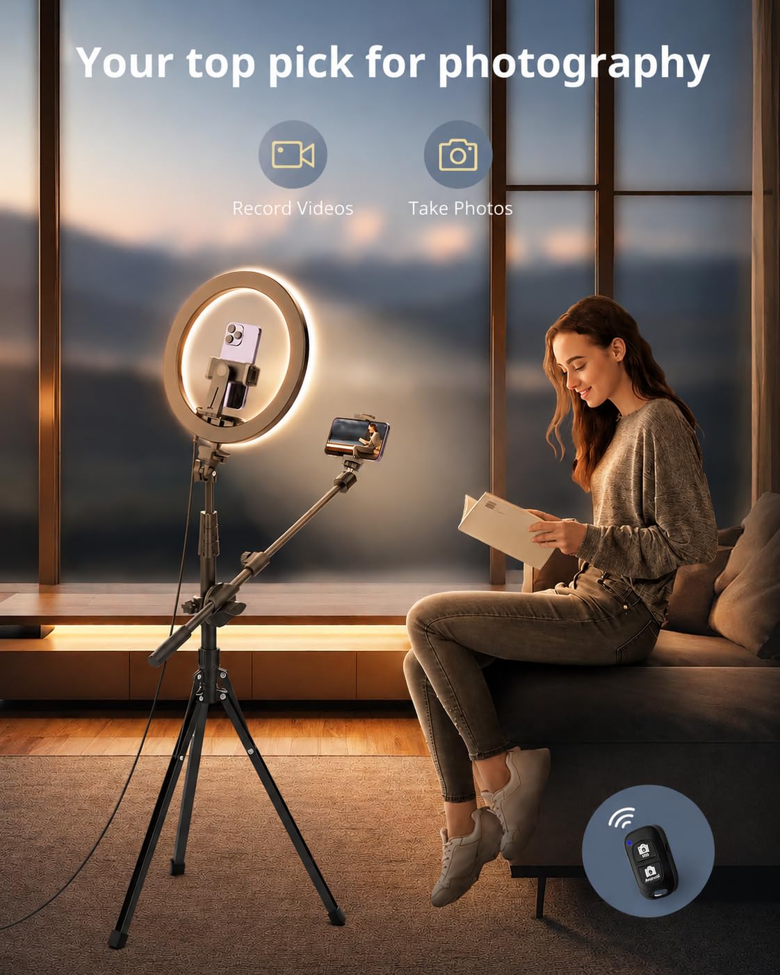 UBeesize Luce ad anello per selfie da 30,5 cm, con supporto e supporto per telefono, treppiede pieghevole da 62 pollici per iPhone con luce ad anello, luce per registrazione video, cucina, fotografia,