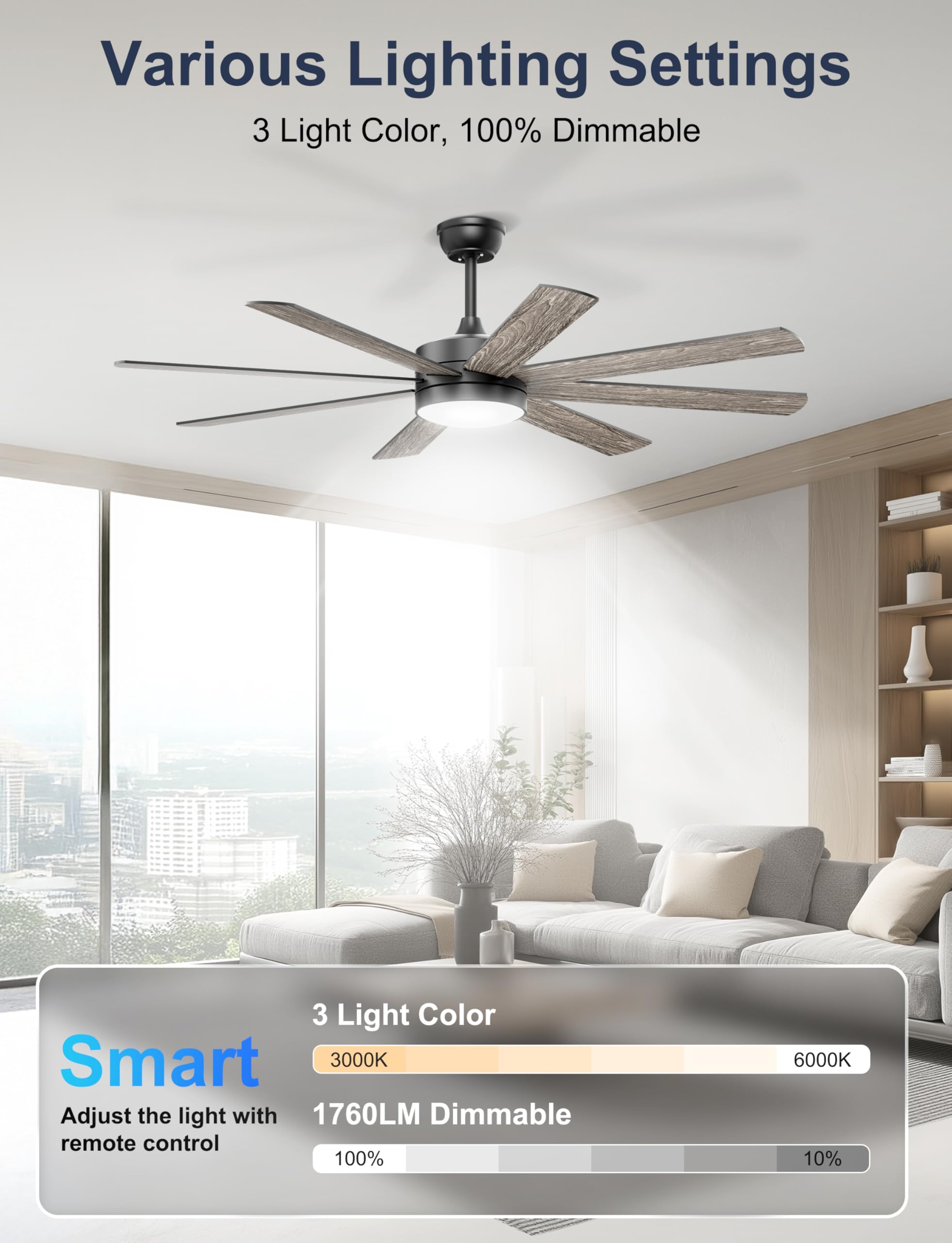 Ohniyou Ventilatore da Soffitto da 152 cm con Luce, Silenzioso, Ventilatori da Soffitto Moderni con Telecomando/app, Luce Regolabile, Motore DC Reversibile per Soggiorno Terrazza Interni Esterni, Nero