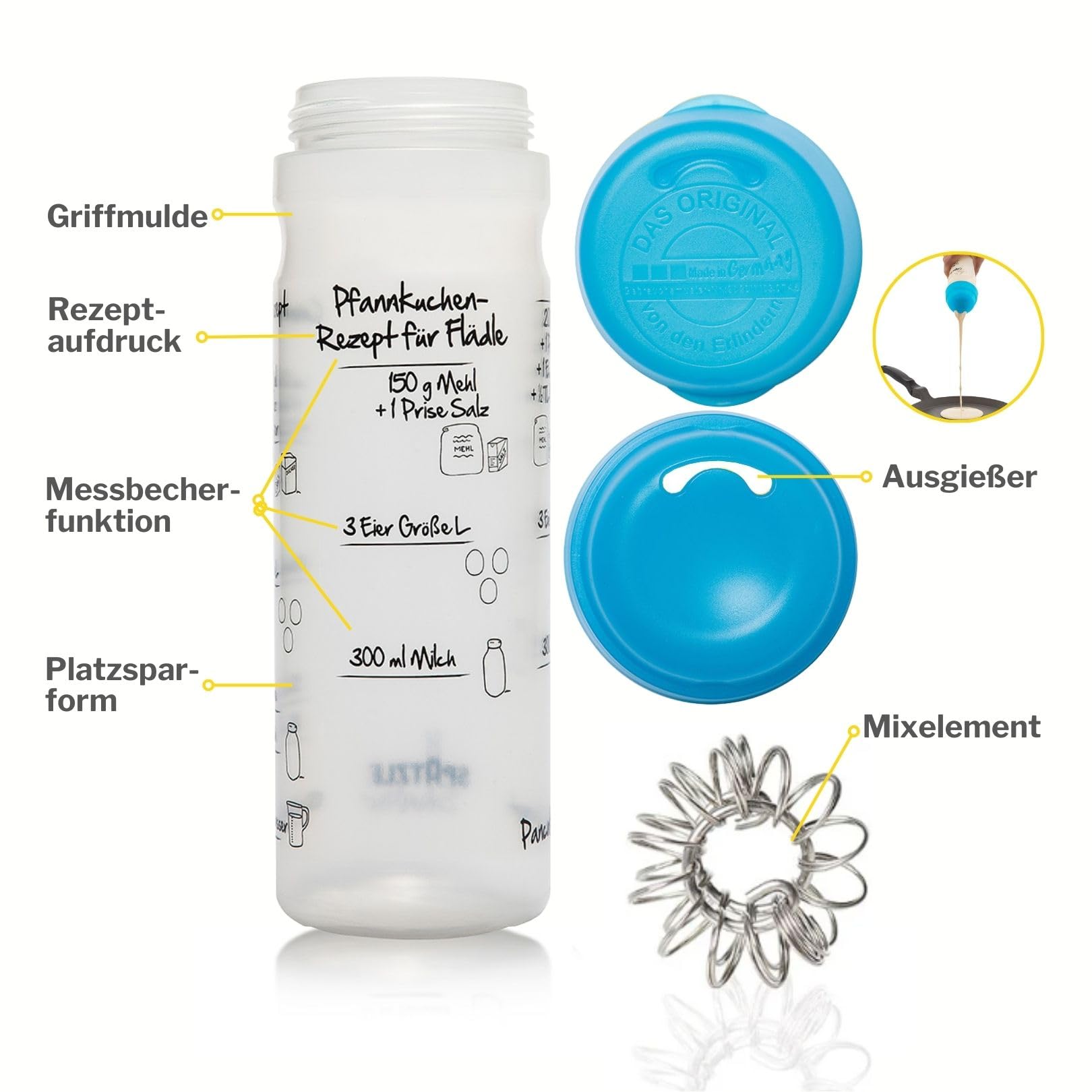 FOOD-SHAKER-SET mit 875ml-Pfannkuchen-Shaker + 4-Portionen-Spätzle-Shaker Teigmixer mit Spätzlepresse und Portionierer Patentiert Made in Germany in der Farbe BLAU