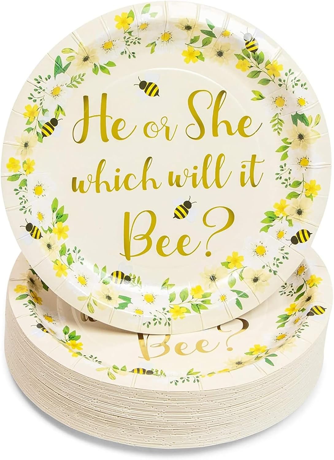 Sparkle and Bash Bee Theme Paper Plates - 7-inch, Gold & Yellow, 48 Pack - Use as Baby Shower & Gender Reveal Party Plates - Bee Party Supplies