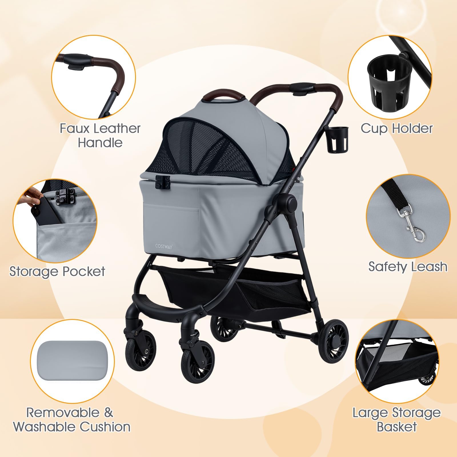 FANTASK Poussette 3 en 1 pour chien, sac de transport jusqu'à 15 kg, avec toit en maille réglable, panier et porte-gobelet, poussette pliable pour chien, chat, animaux domestiques (gris, 1)