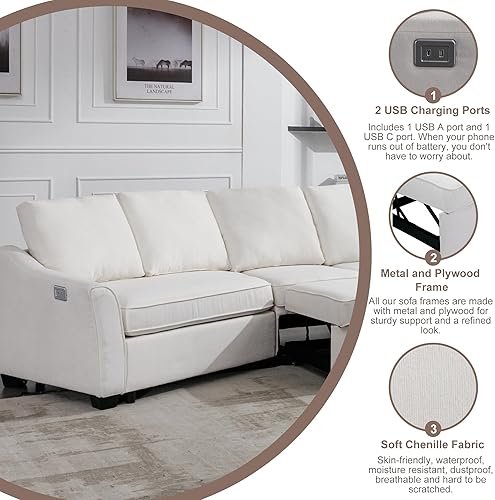 Miniatura 4 de DEINPPA Sofá modular de 129.5 pulgadas con cama extraíble y puerto de carga USB, juegos de muebles de felpilla para sala de estar, sofá seccional