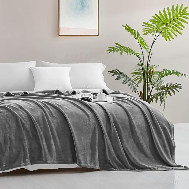 Maple&Stone Fleece Blanket Light Grey - Fluffy Soft Sofa Throw Blanket, Warm Cozy Flannel Microfiber Travel Blanket for Bed and Couch Twin/Double Size Lightweight Fit All Season