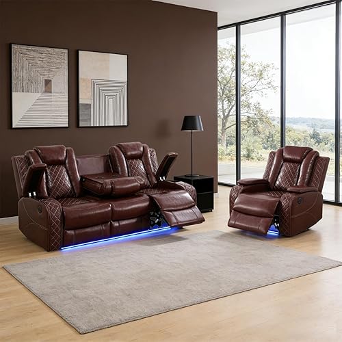 Miniatura 37 de Juego de sofá reclinable eléctrico para sala de estar, juego de sofá reclinable de cuero con luces LED, puertos USB, almacenamiento oculto, juego de