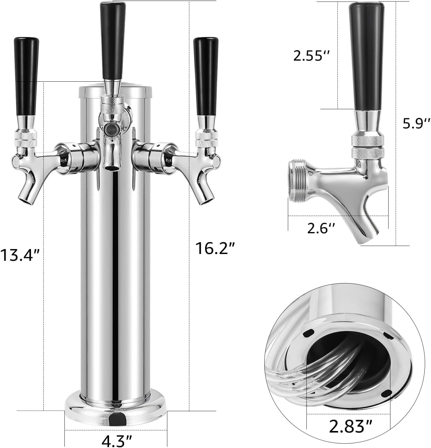 MRbrew Kegerator Tower Beer Tap Tower Dispenser 3 Faucet Beer Tower Draft Beer Dispenser Stainless Steel Keg Tap Tower 3'' Keg Tower Pre-assembled Line Beer Faucet Dispenser Kit For Home, Bar,Party
