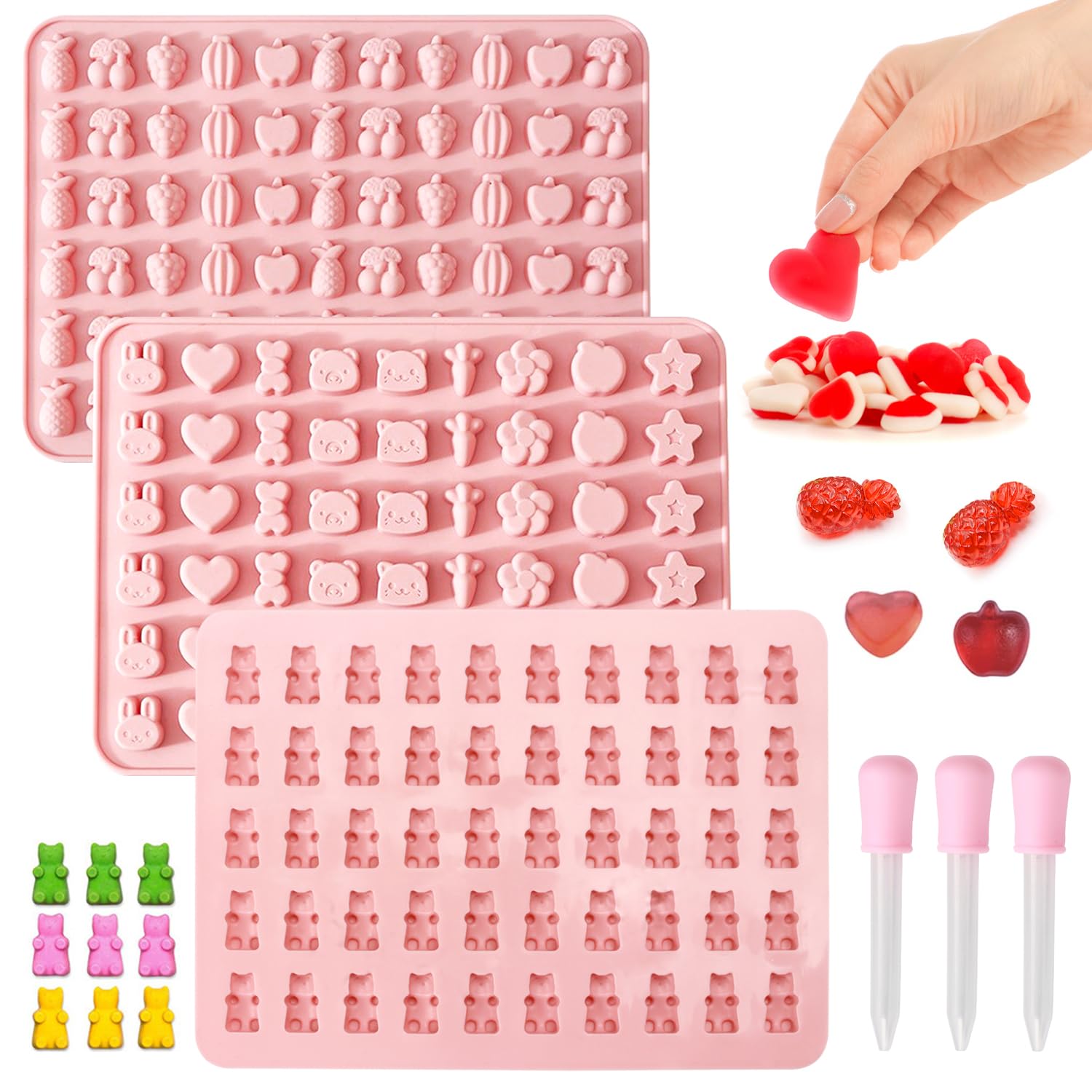 3 Moules Silicone Bonbons Ours + Cœurs + Animaux 15 Motifs – Kit DIY Gummy Bear + Compte-Gouttes