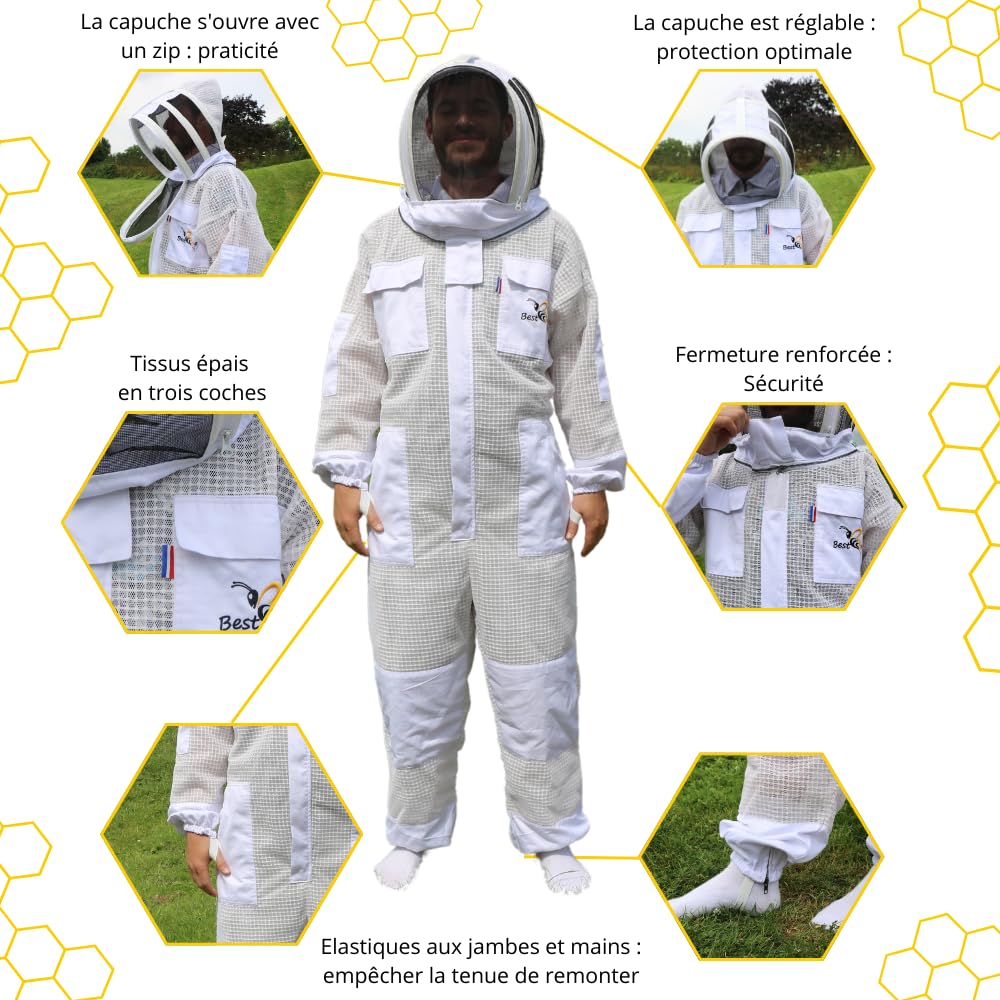 Best Bee Tuta per apicoltore ventilata e traspirante, tessuto spesso a 3 strati di altissima qualità, cerniera robusta, cappuccio rimovibile, tasche per attrezzi, tenuta per apicoltura ventilata XXL