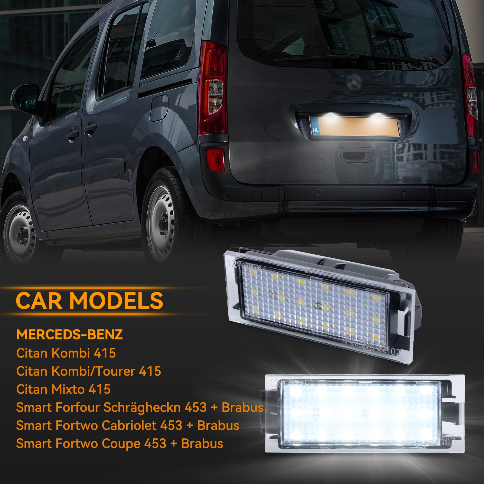 POPMOTORZ LED Luci targa, 2 Pezzi Luce targa LED con Canbus Senza Errori per Mercede-s Benz Citan Kombi 415 Smart Forfour Schrägheckn 453 Brabus R-enault Vel Satis Twingo 2 Clio 3 Clio 4 Espace 4
