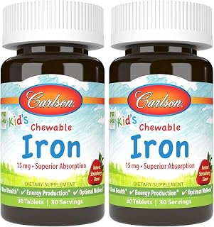 Carlson - Kid's Chewable Iron, 15 mg, Superior Absorption, Blood Health, Energy Production & Optimal Wellness, Natural Strawberry Flavor, 30 Tablets (Pack of 2)