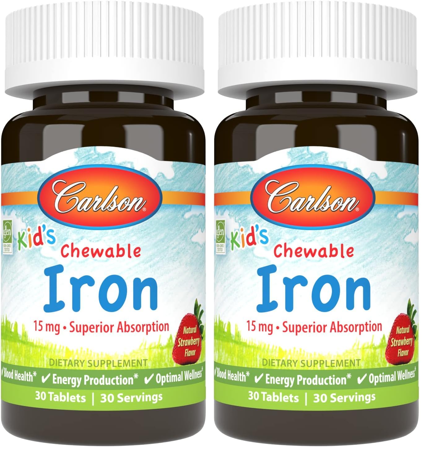 Carlson - Kid's Chewable Iron, 15 mg, Superior Absorption, Blood Health, Energy Production & Optimal Wellness, Natural Strawberry Flavor, 30 Tablets (Pack of 2) Natural Strawberry 30 Count (Pack of 2)