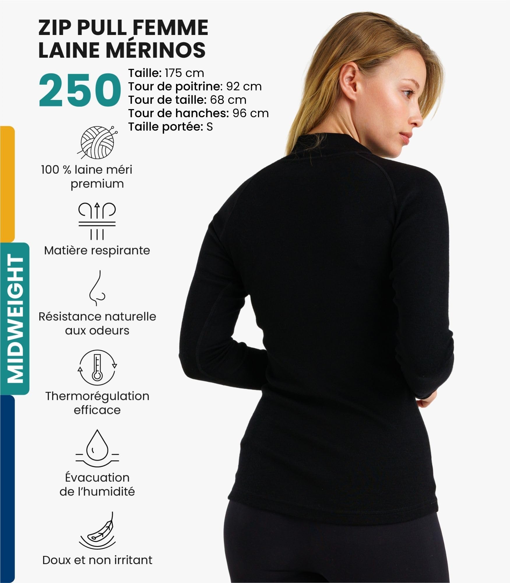 Merino.tech 100% Demi-Zip Pull Laine Merinos Femme + Chaussettes | Sous Couche Merinos Léger, Moyen, Épais, Respirant, Anti-Odeur Naturel, Idéal pour la Randonnée, Ski, Voyage, Non-Irritant