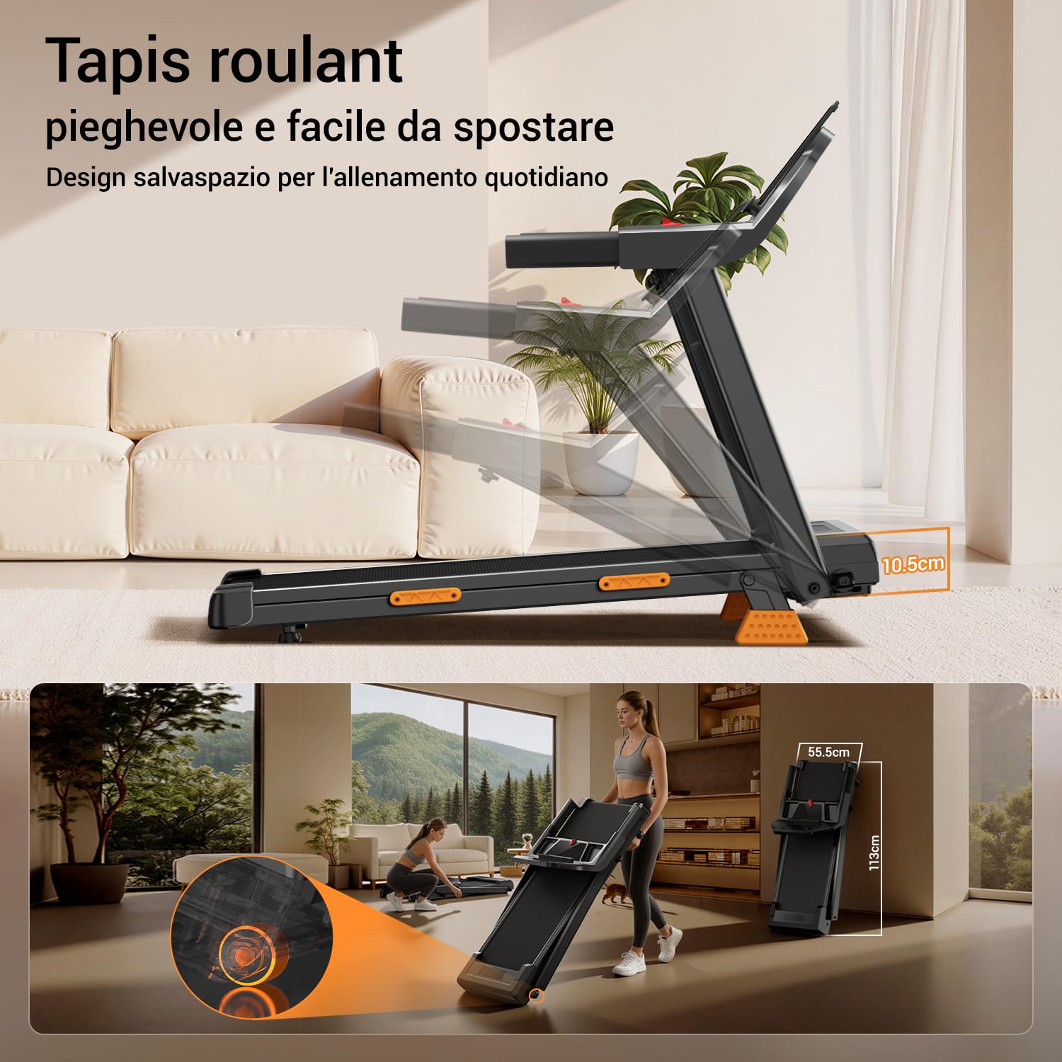 CURSOR Tapis Roulant Salvaspazio con Inclinazione 15% | Tapis Roulant Elettrico 12KM/H, Tapirulan Pieghevole da Casa con Motore da 3.0 HP e Display LED, Carico Massimo 136KG
