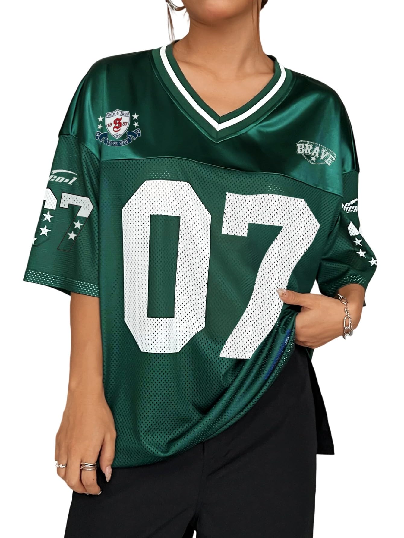 SOLY HUXJersey Shirts for Women Y2k Graphic Number Oversized Tees V Neck Half Sleeve Cute Soccer Streetwear T Shirt Tops