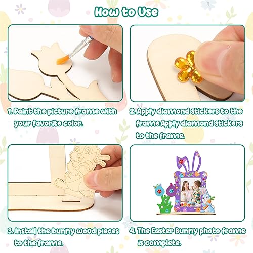 Miniatura 6 de RGISHOP Paquete de 4 manualidades de conejo de madera de Pascua para niños, marco de fotos de conejo de bricolaje, marco de fotos de madera sin