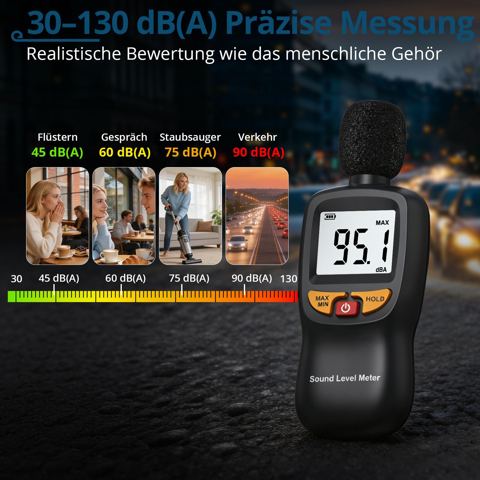 Digitales Schallpegelmessgerät 30–130dB(A) A-Bewertung, LCD Dezibel Messgerät mit Hintergrundbeleuchtung, MAX/MIN Funktion, Präzises Lärmmessgerät für Büro, Werkstatt, Baustelle
