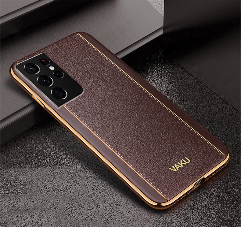 DR VAKU® Back Cover Case for Samsung Galaxy S21 Ultra Leather Pattern Vertical Leather Stitched Gold Electroplated Soft TPU Back Cover - Brown (B09T75CHH1) Amazon Price History, Amazon Price Tracker