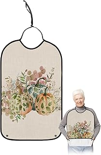 Kewadony Adult Bibs for Elderly Women - Thanksgiving Waterproof Dining Clothing Protectors with Crumb Catcher for Eating/Feeding, Leaf Paint Pumpkin Eucalyptus Leaves Fall Burlap Terry Cloth Bib
