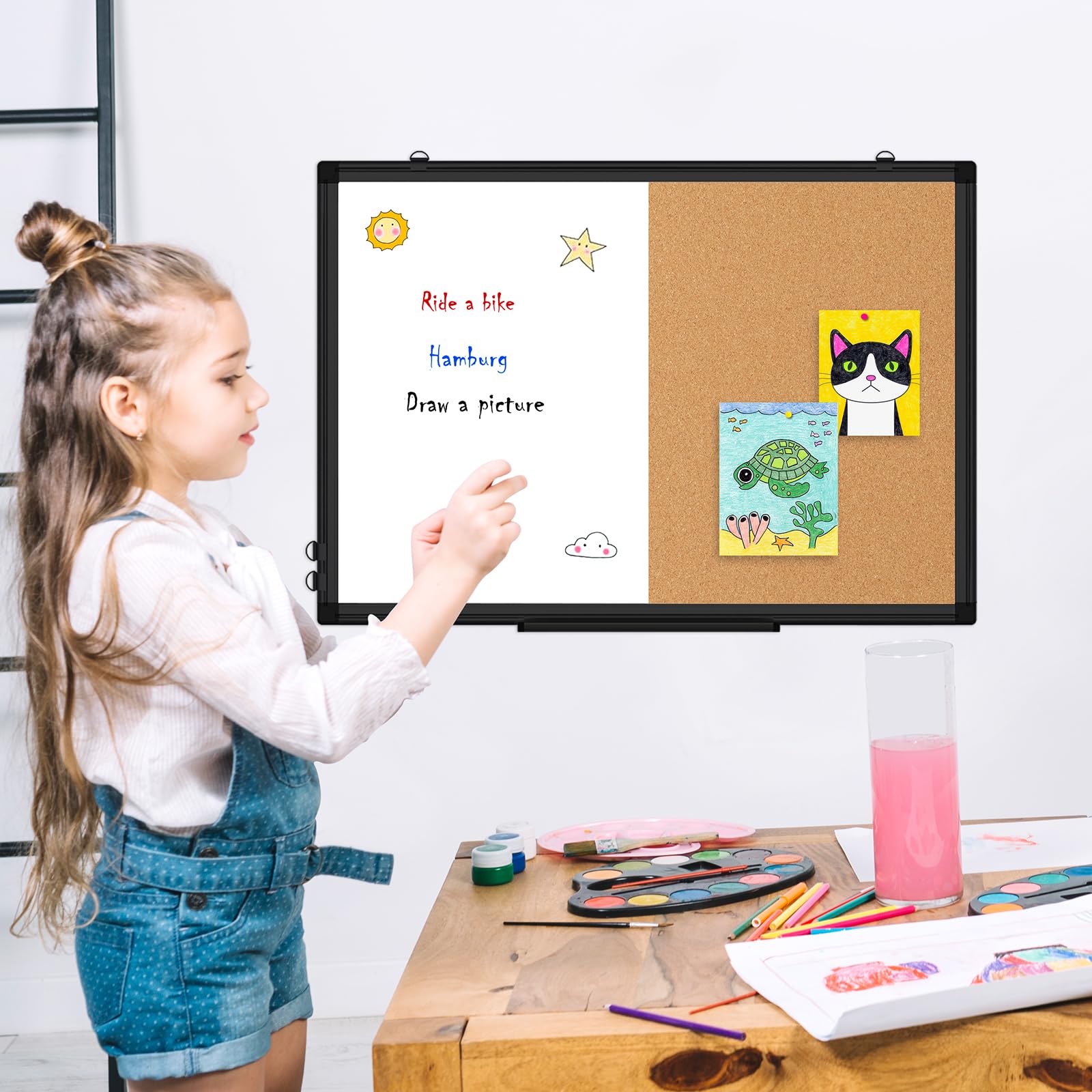 WALGLASS - Juego de pizarra blanca magnética de corcho y borrado en seco para pared, pizarra blanca y corcho con marco de aluminio, para el hogar, el aula, la oficina