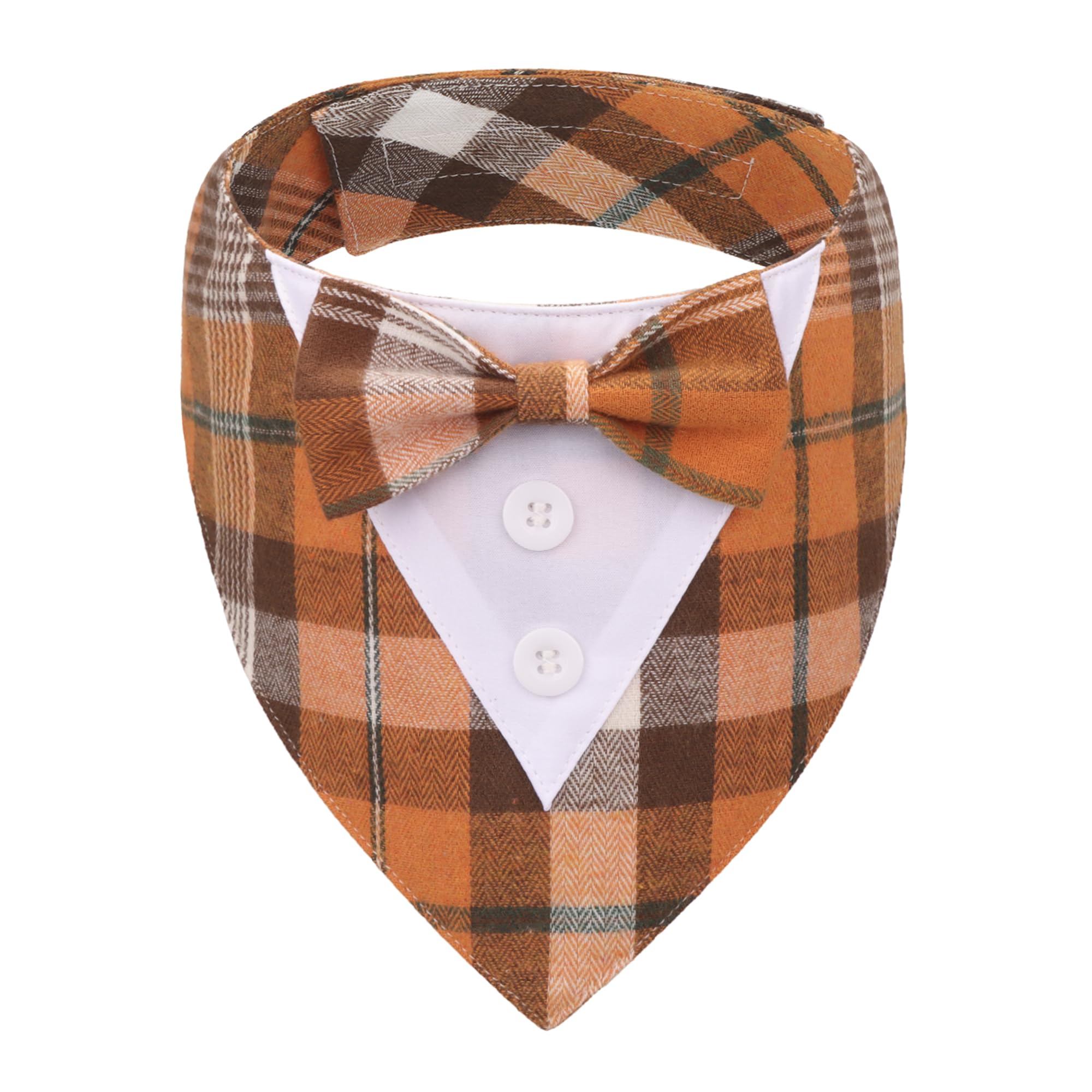 ADOGGYGO Fall Dog Tuxedo Bandana, Orange Plaid Pet Tux Collar with Bowtie, Adjustable Halloween Thanksgiving Formal Costume for Medium Large Dogs Pets