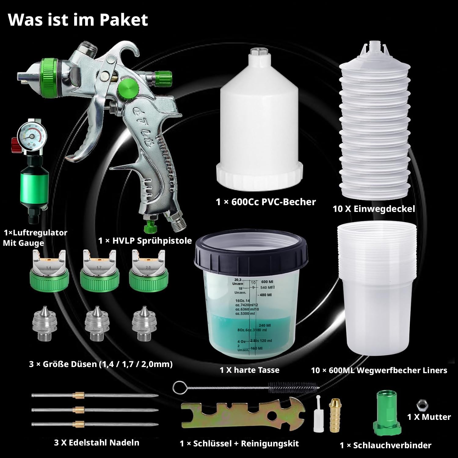 HVLP - Pistola a spruzzo per verniciatura, 3 ugelli da 1,4 mm, 1,7 mm, 2,0 mm, sistema di spruzzo professionale con 600 ml, tazza di plastica, 10 pezzi, 600 ml, con regolatore di pressione dell'aria
