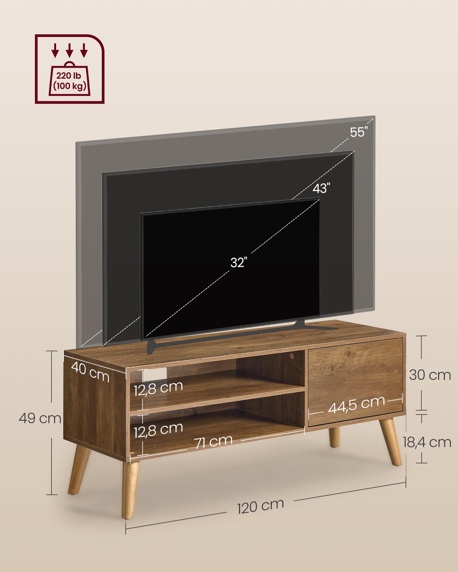 VASAGLE Mueble TV, Mesa de TV, para Televisores de hasta 55 Pulgadas, Largo de 120 cm, Centro de Entretenimiento, de Mediados de Siglo para Salón, Dormitorio, Marrón Rústico LTV120K101
