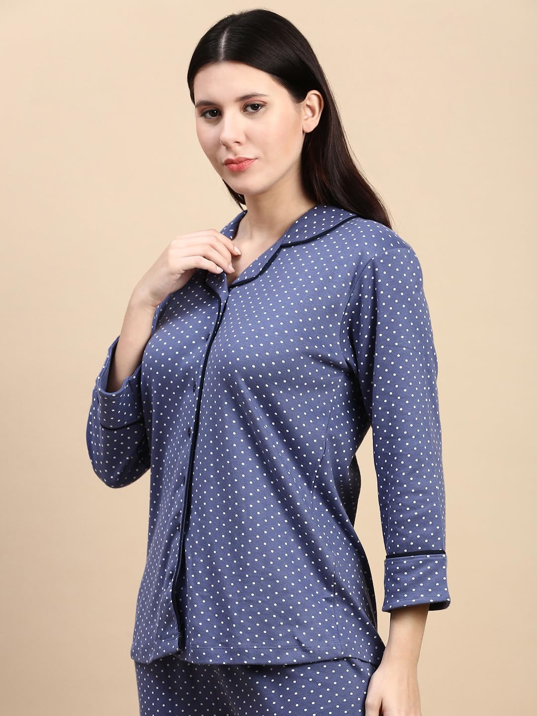 KRYPTIC Womens Lounge Cotton Polka dot Printed 3/4th Sleeve Lapel Collar Front Open Button Placket Relaxed Fit Lounge Tshirt Shirt Top(Cement;XL) - Image 6 thumbnail
