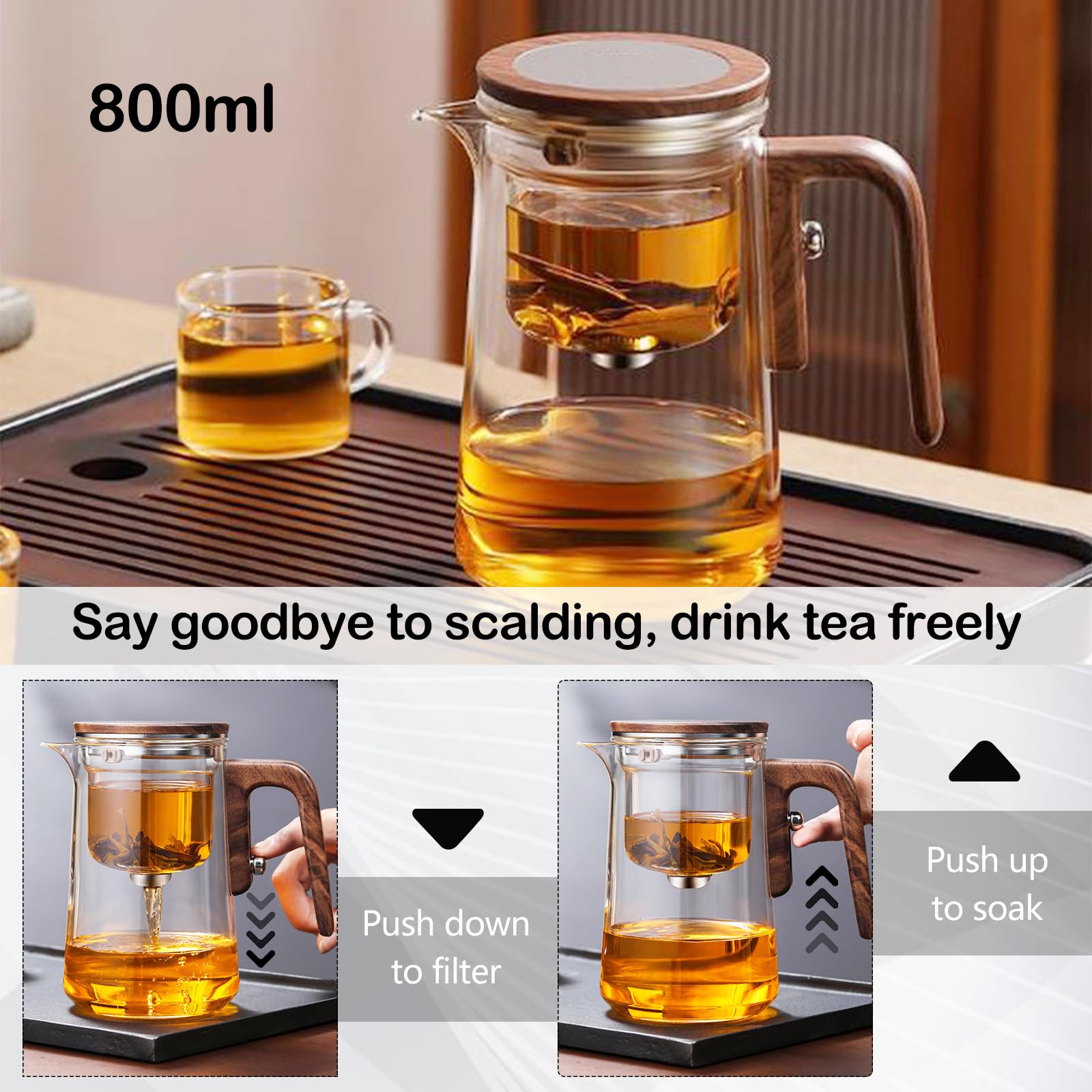 Teiera in Vetro con Infusore Ysislybin, Teiera Magica con Separazione dell'Acqua e Manico in Finta Legno, 800 ml