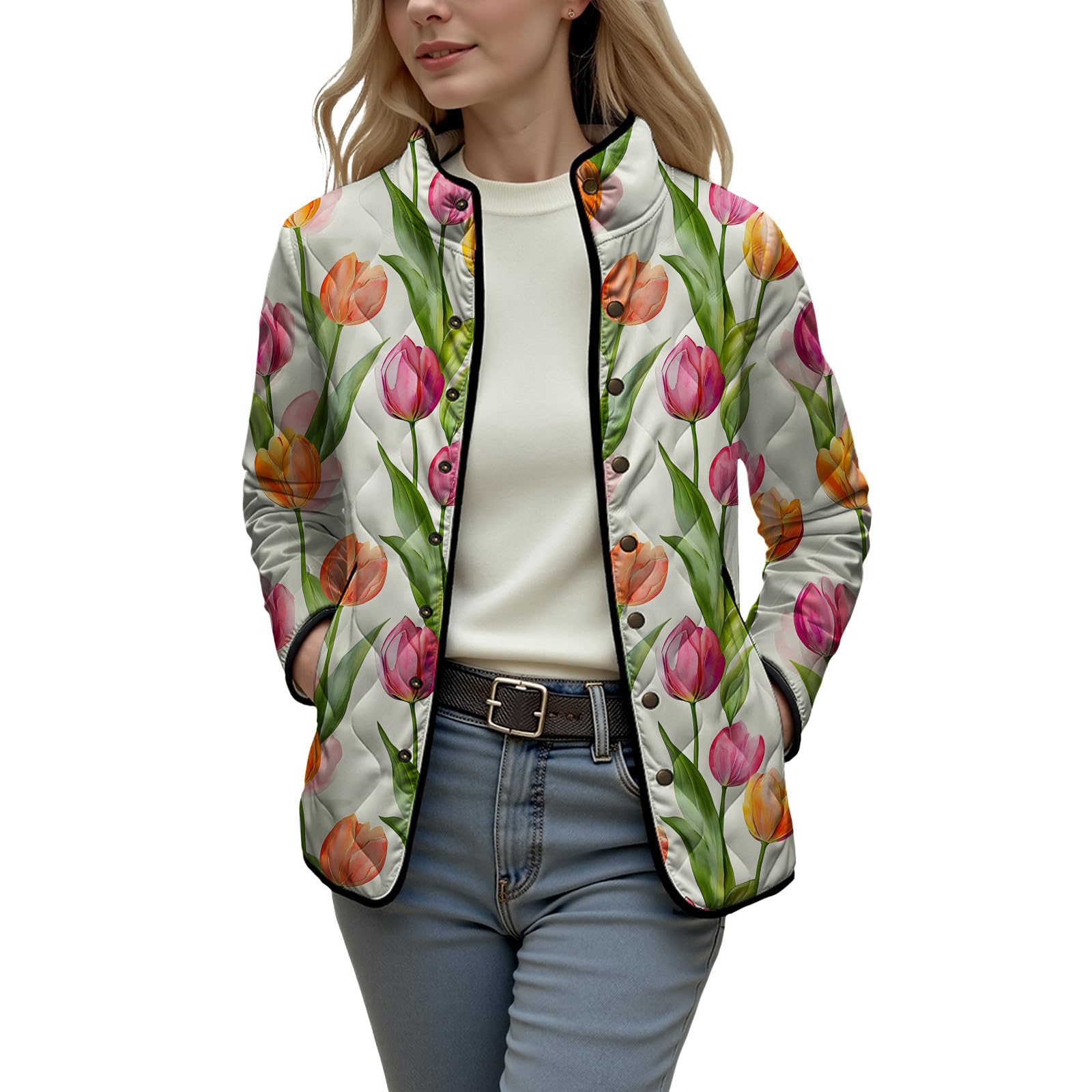 Womens Puffer Jacket Floral Print Lightweight Quilted Jacket Stand Collar Fall Winter Coat Outerwear with Pockets