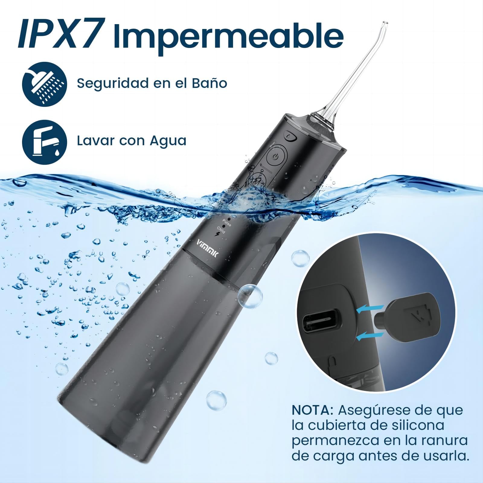 Irrigatore orale portatile Vimmk Irrigatore dentale senza fili professionale 8 ugelli 5 modalità, IPX7 impermeabile 300 ml USB-C ricaricabile per la pulizia dei denti, per la casa e i viaggi (nero)