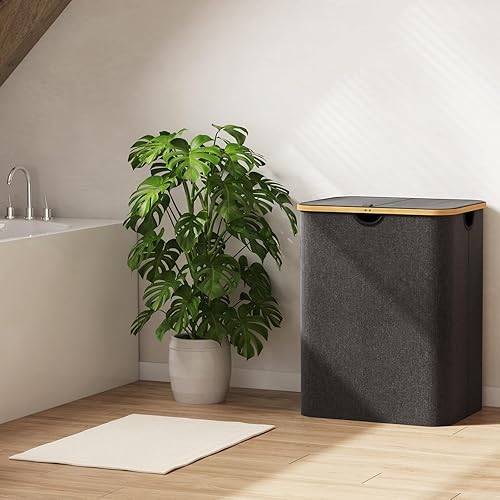 Miniatura 190 de Lifewit Cesta grande de 100 litros con tapa para ropa con asas de bambú y bolsa extraíble, plegable para dormitorio, baño, residencia universitaria